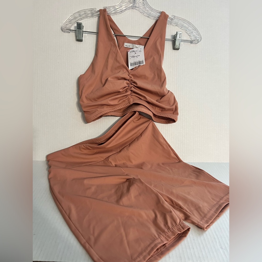 InLuv Ladies Rust Orange Ruched Workout Tank and Shorts Set